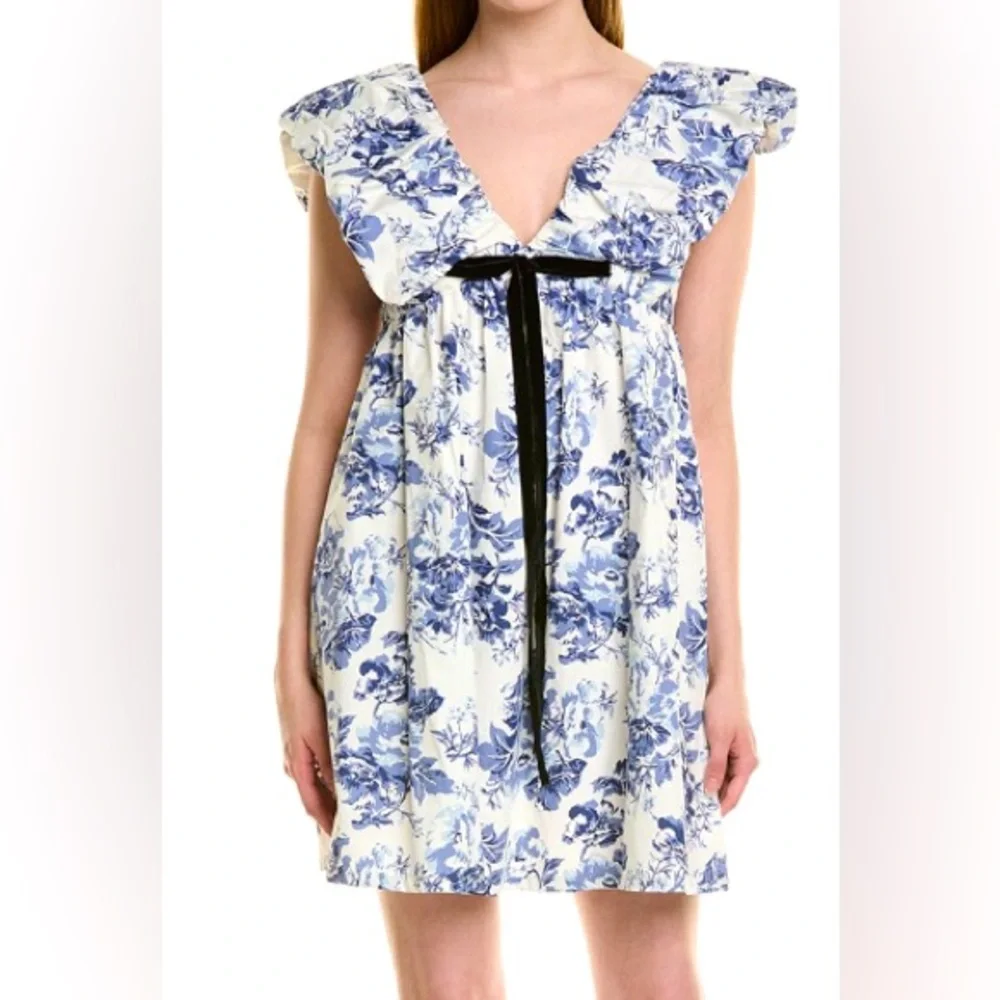 JL LUXE Blue Floral Print Bubble Sleeve, Baby Doll Mini Dress/Front Bow//Size 6
